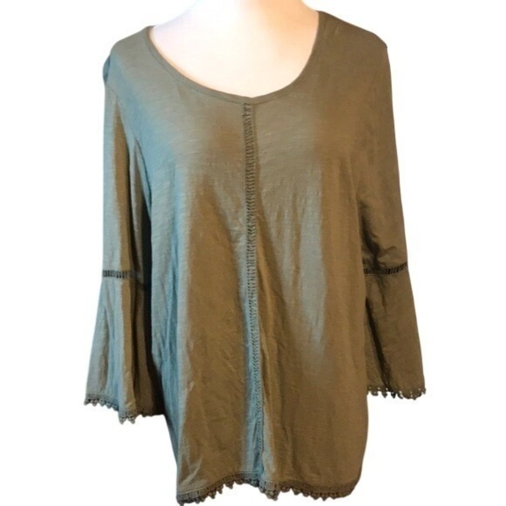Style & Co Top Womens XL Bell Sleeve Crochet Trim Olive Green Boho‎ Fairycore